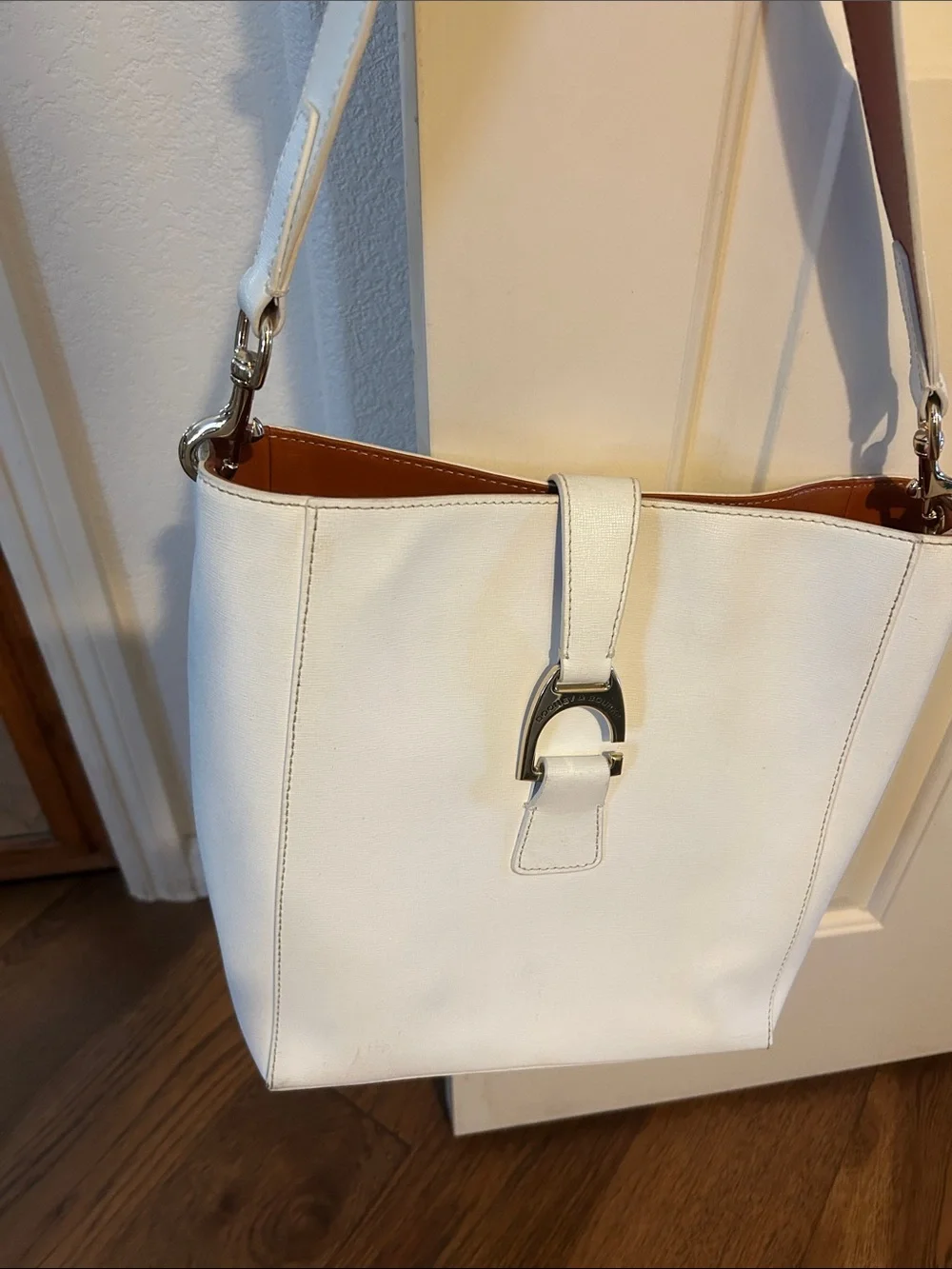 Dooney & Bourke White Leather Shoulder Bag with Silver Buckle Detail